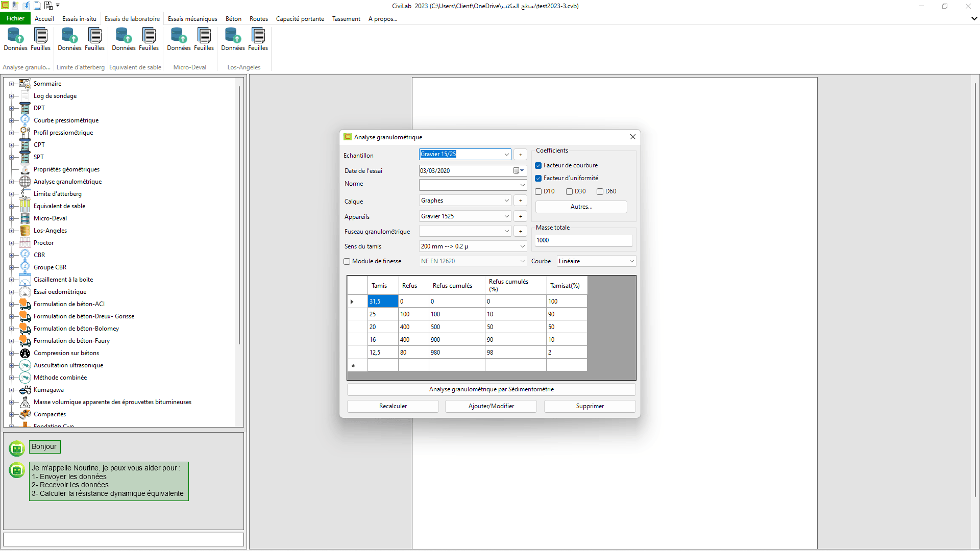 Analyse granulométrique: capture d'écran N°01 , Logiciel de laboratoire de sol - CiviLab