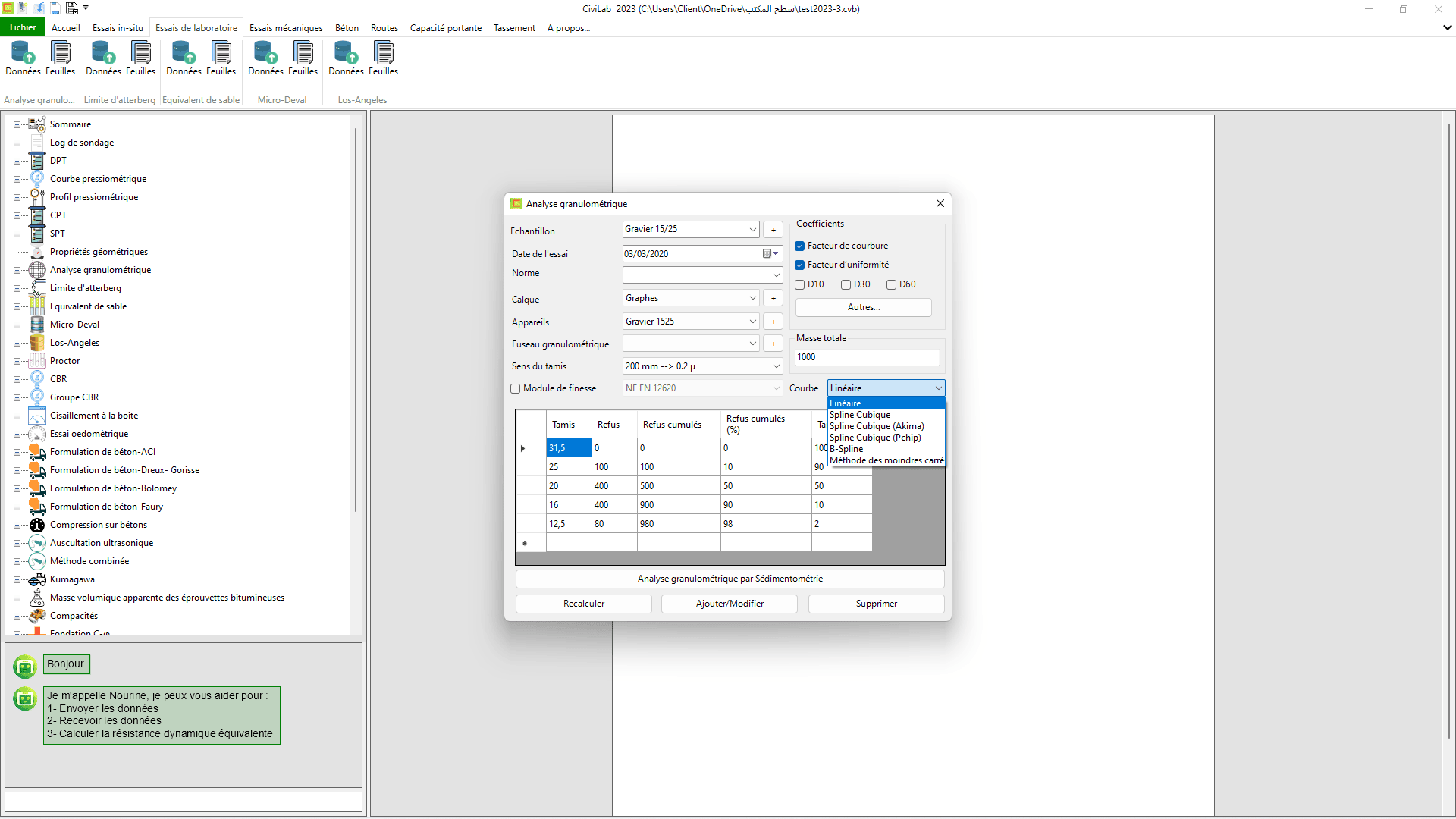 Analyse granulométrique: capture d'écran N°04 , Logiciel de laboratoire de sol - CiviLab