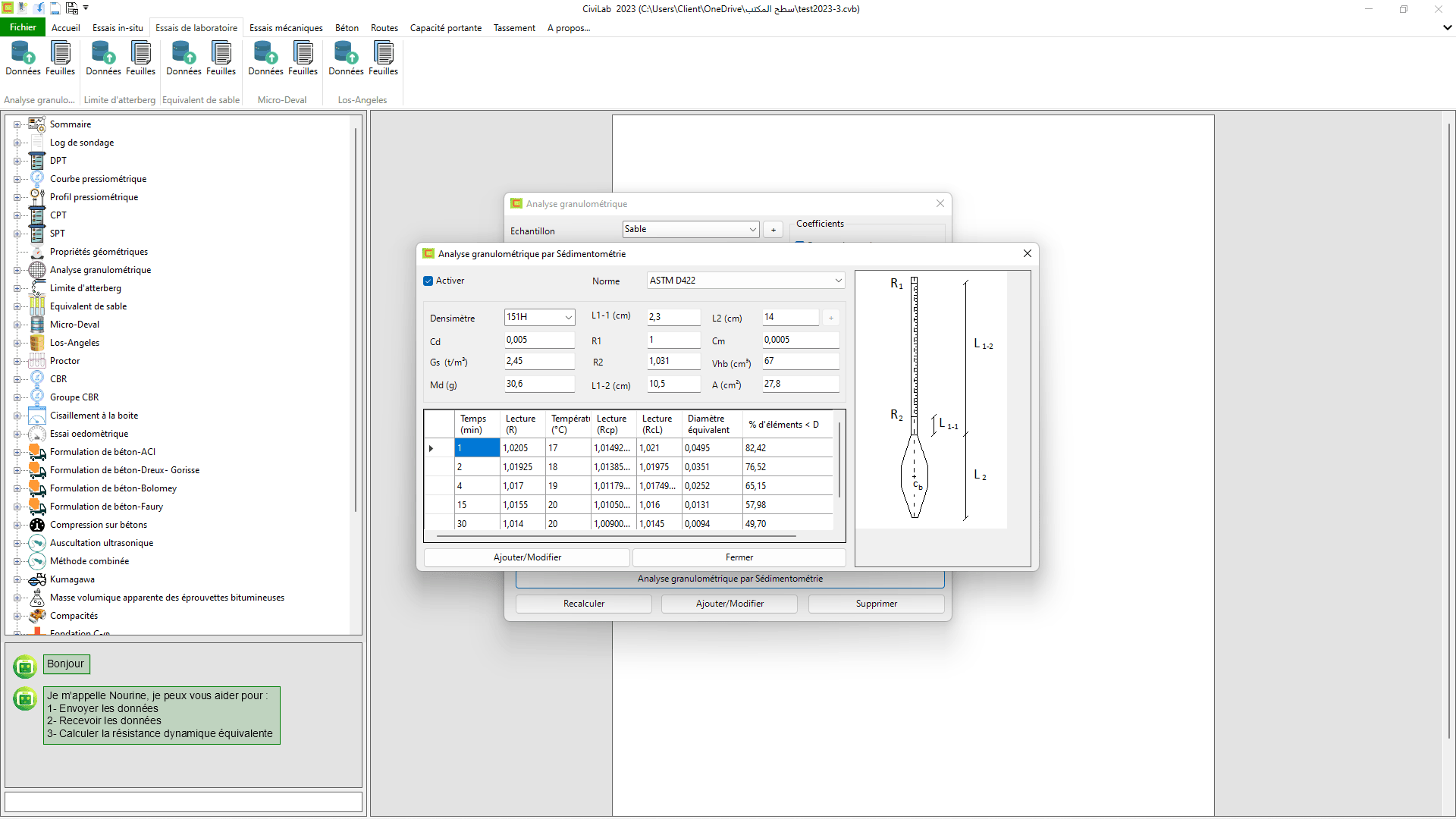Analyse granulométrique: capture d'écran N°07 , Logiciel de laboratoire de sol - CiviLab