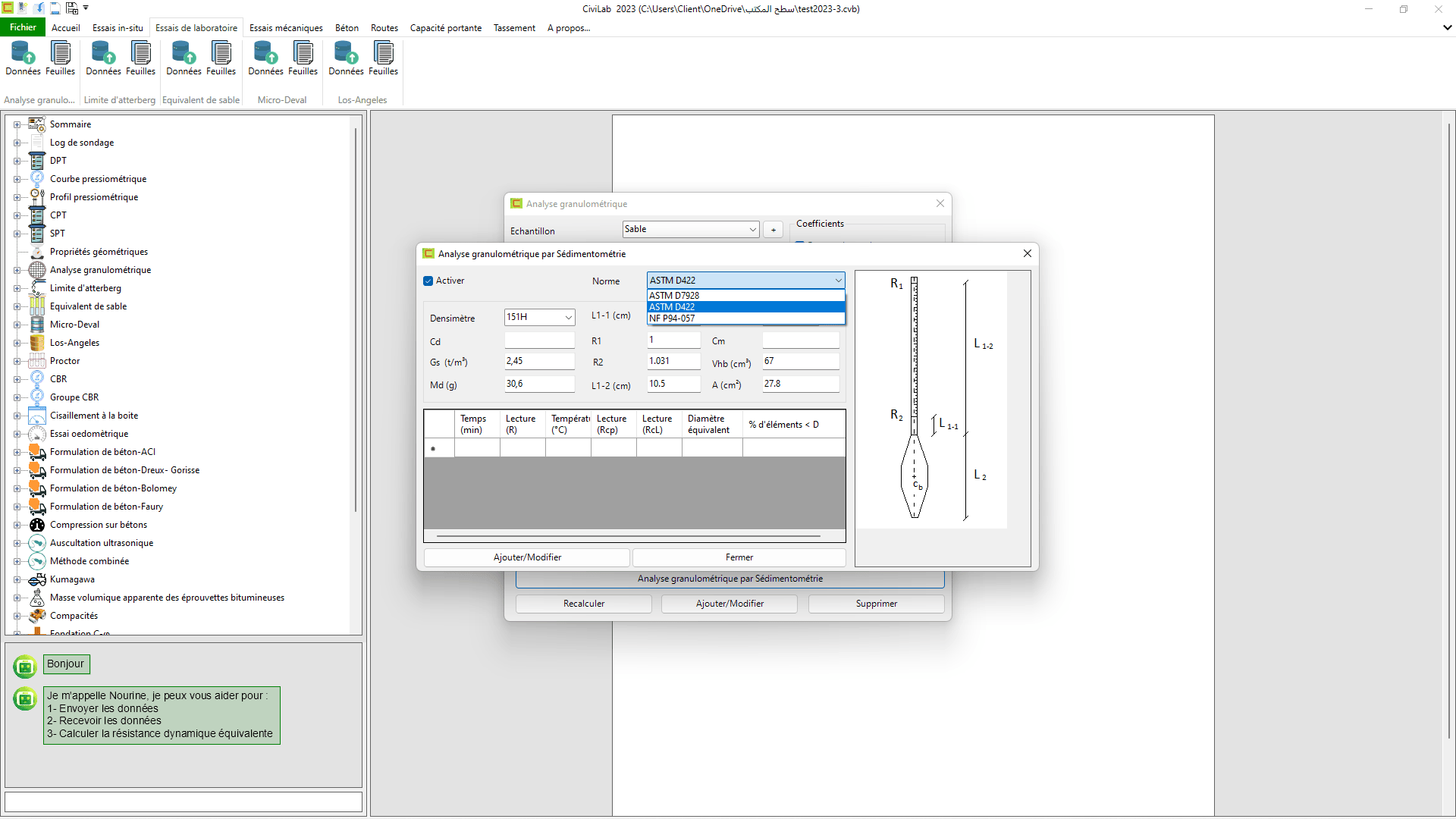 Analyse granulométrique: capture d'écran N°08 , Logiciel de laboratoire de sol - CiviLab