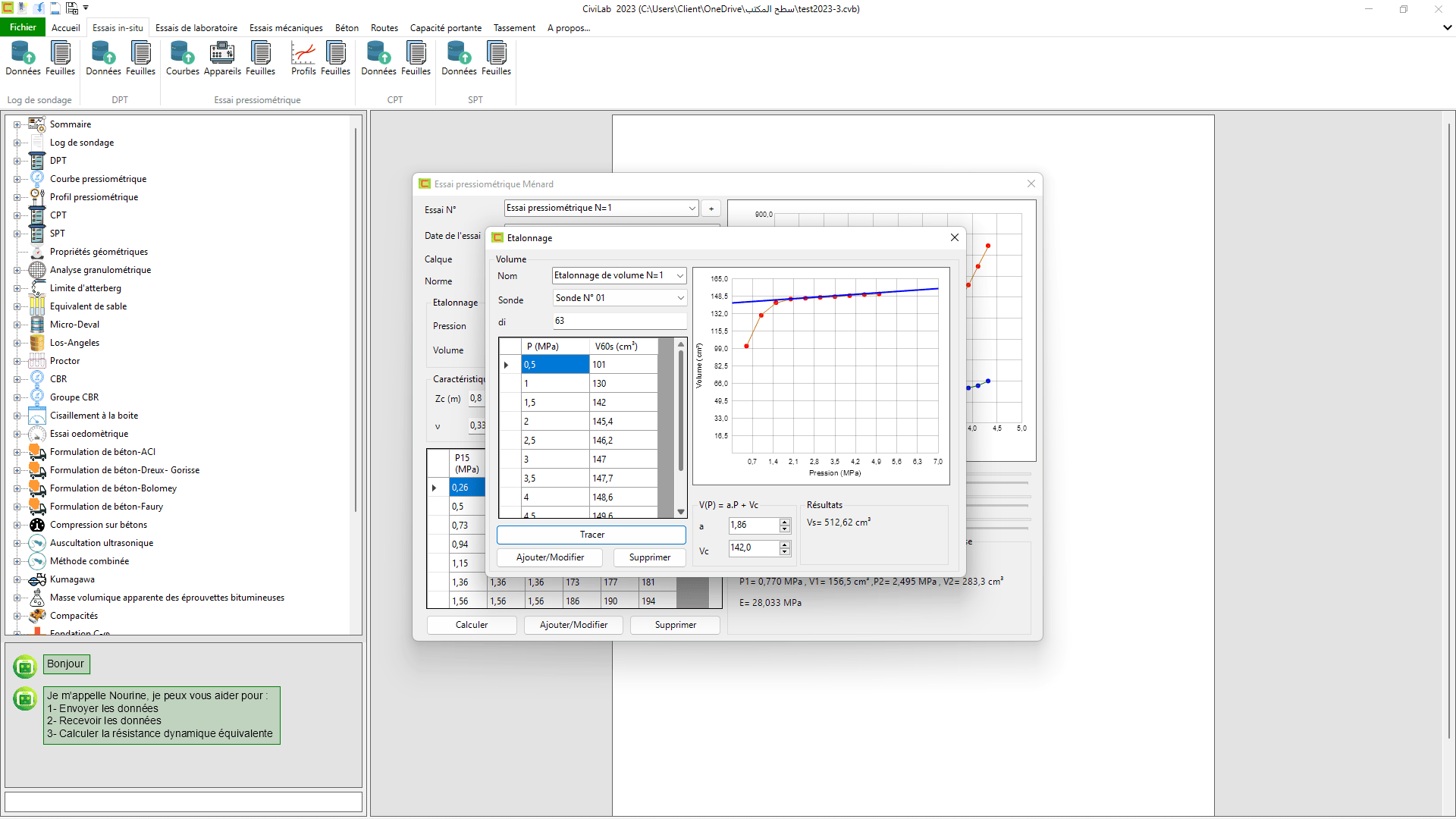 Essai pressiométrique de type Ménard: capture d'écran N°03 , Logiciel de laboratoire de sol - CiviLab
