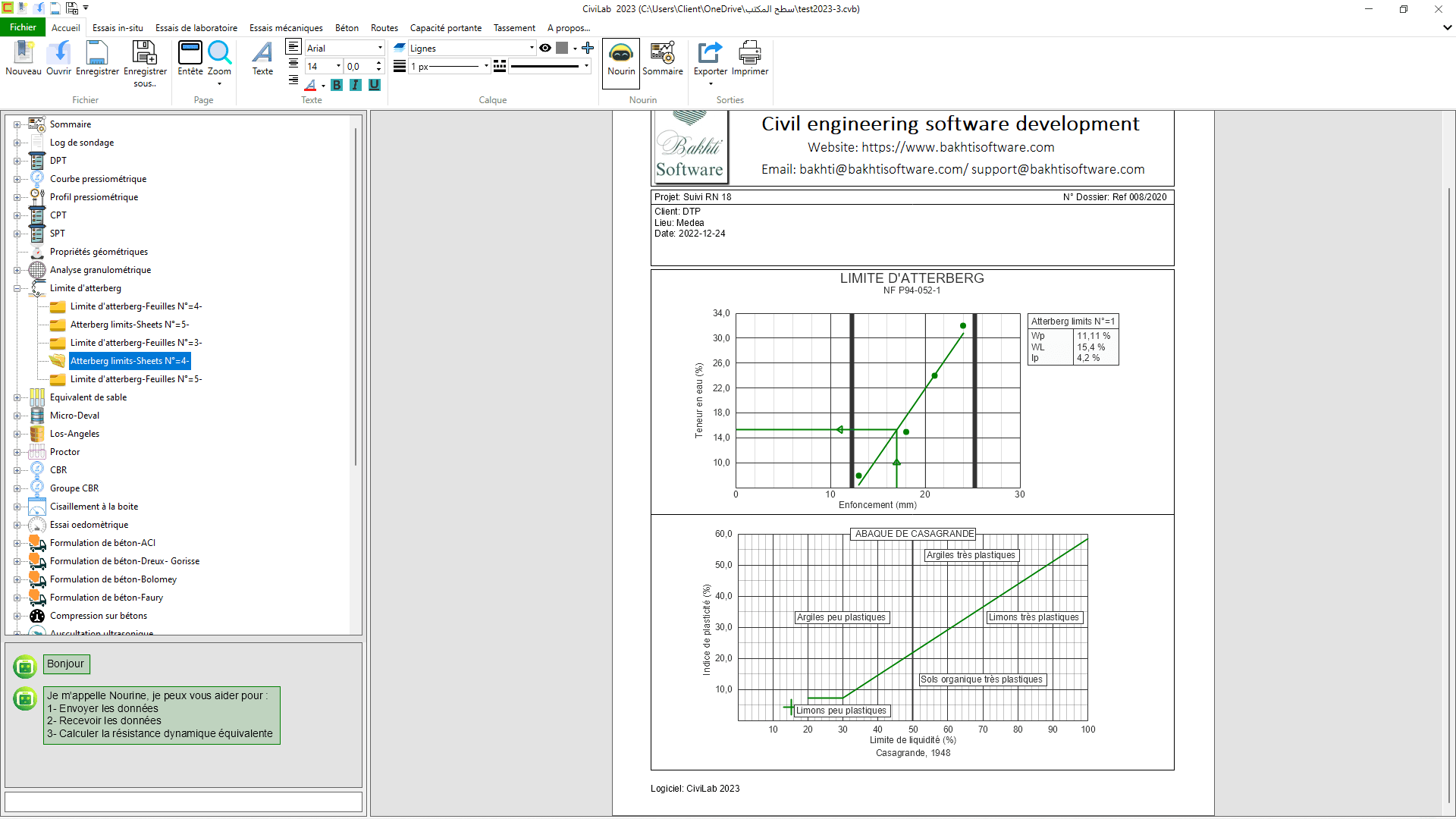 Limite d'atterberg, Logiciel de laboratoire de sol - CiviLab