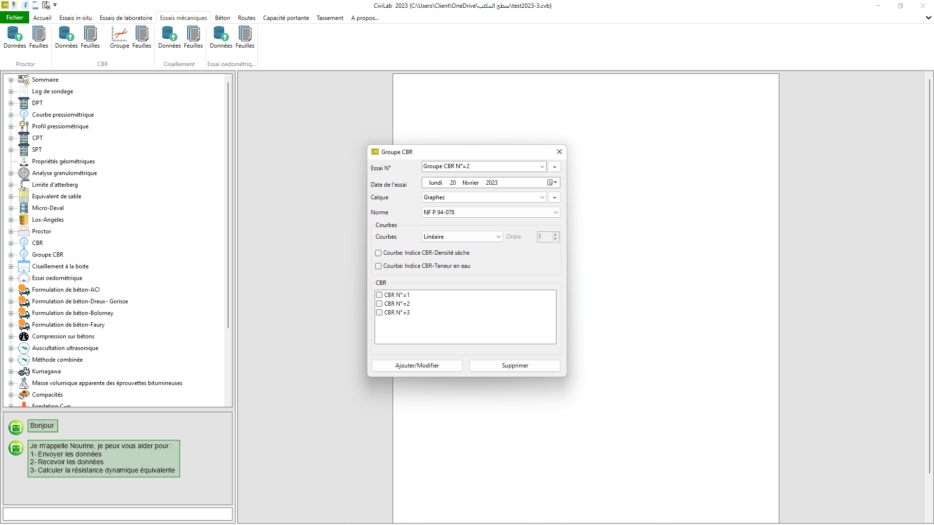 Essai de cisaillement direct: capture d'écran N°04 , Logiciel de laboratoire de sol - CiviLab