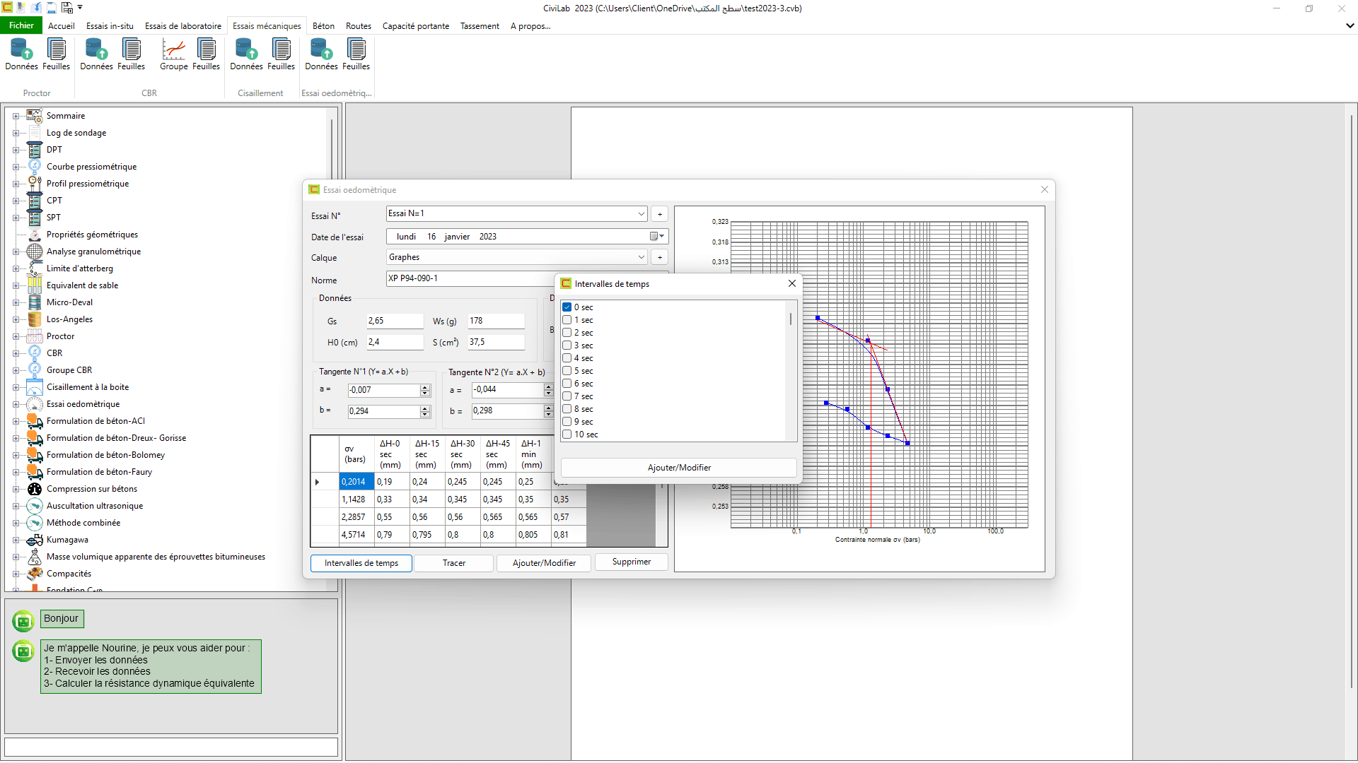 Essai oedomètrique: capture d'écran N°03 , Logiciel de laboratoire de sol - CiviLab