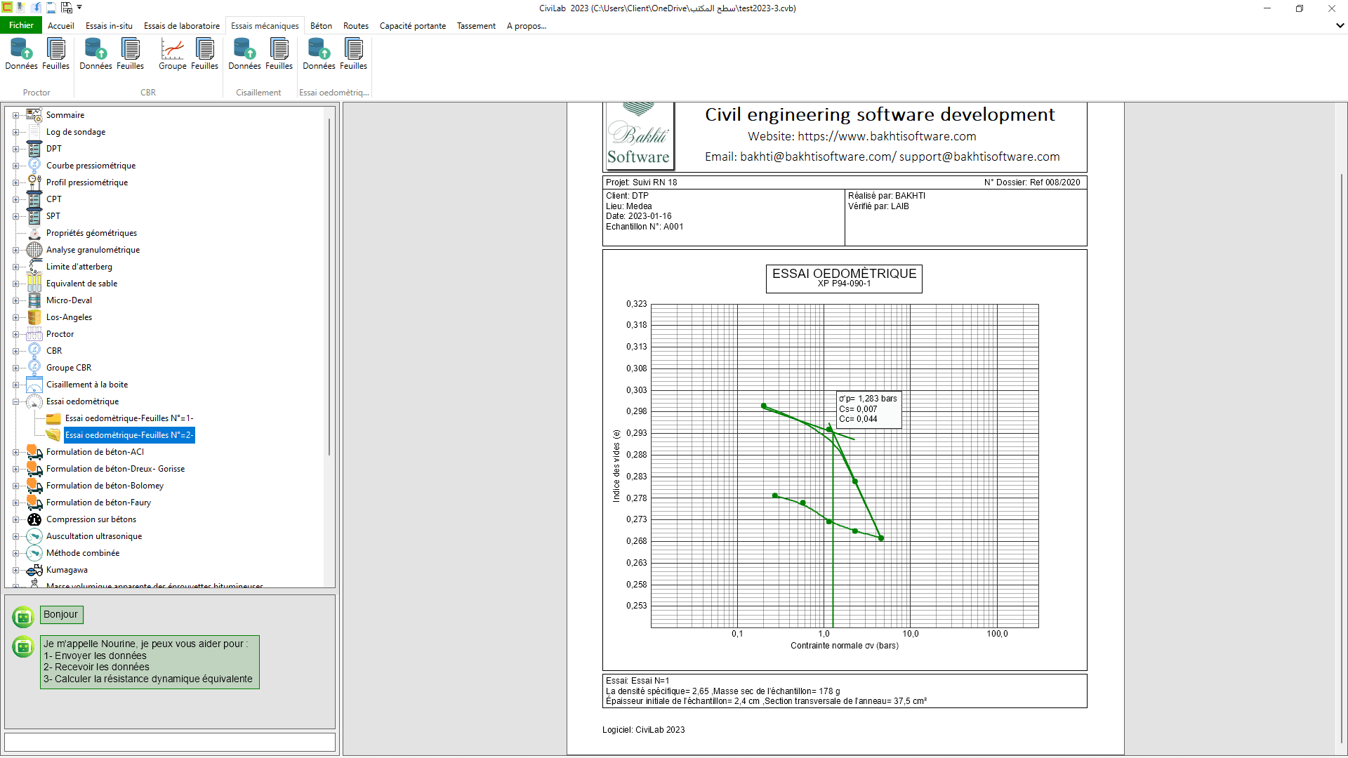 Essai oedomètrique: capture d'écran N°04 , Logiciel de laboratoire de sol - CiviLab